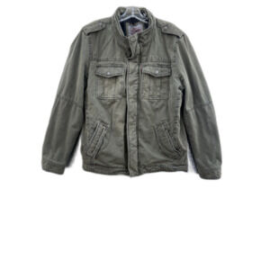 LEVIS MENS JACKET SIZE L FAUX FUR LINED OLIVE GREEN MILITARY STAND COLLAR (read)